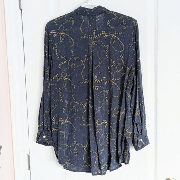 GRAND & GREENE chain print Navy blouse button down shirt adjustable sleeves L @P - Picture 3 of 14